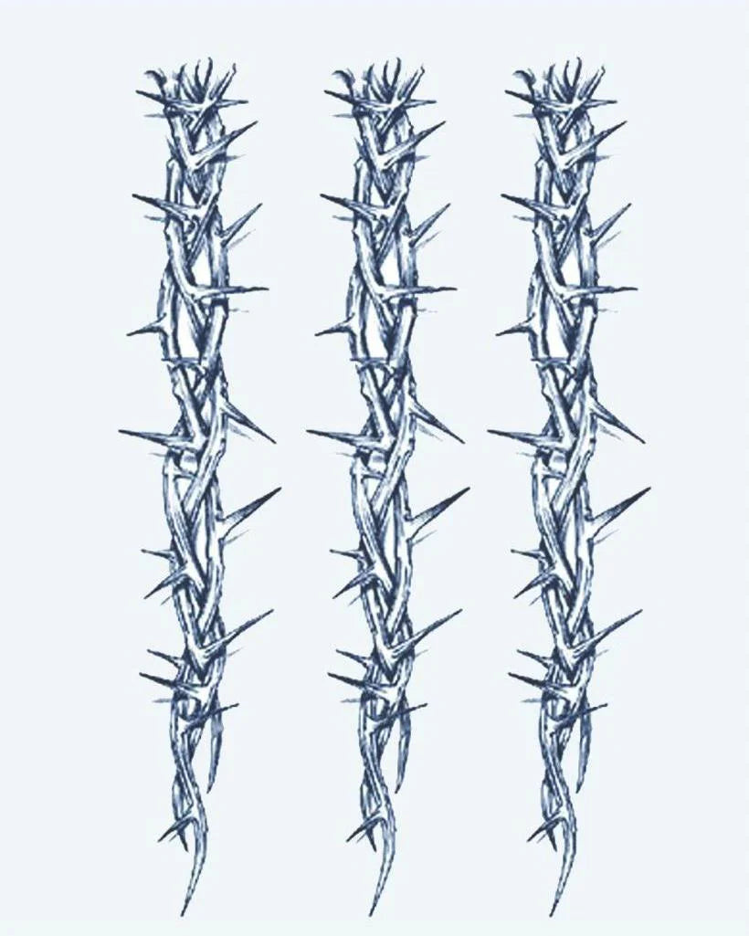 Design del tatuaggio semi-permanente Bracciali di Rovi di INKON – illustrazione tre, verticali, rovi, vite, filamenti, 4 x 7 in (10x17cm), disponibile su inkon.co
