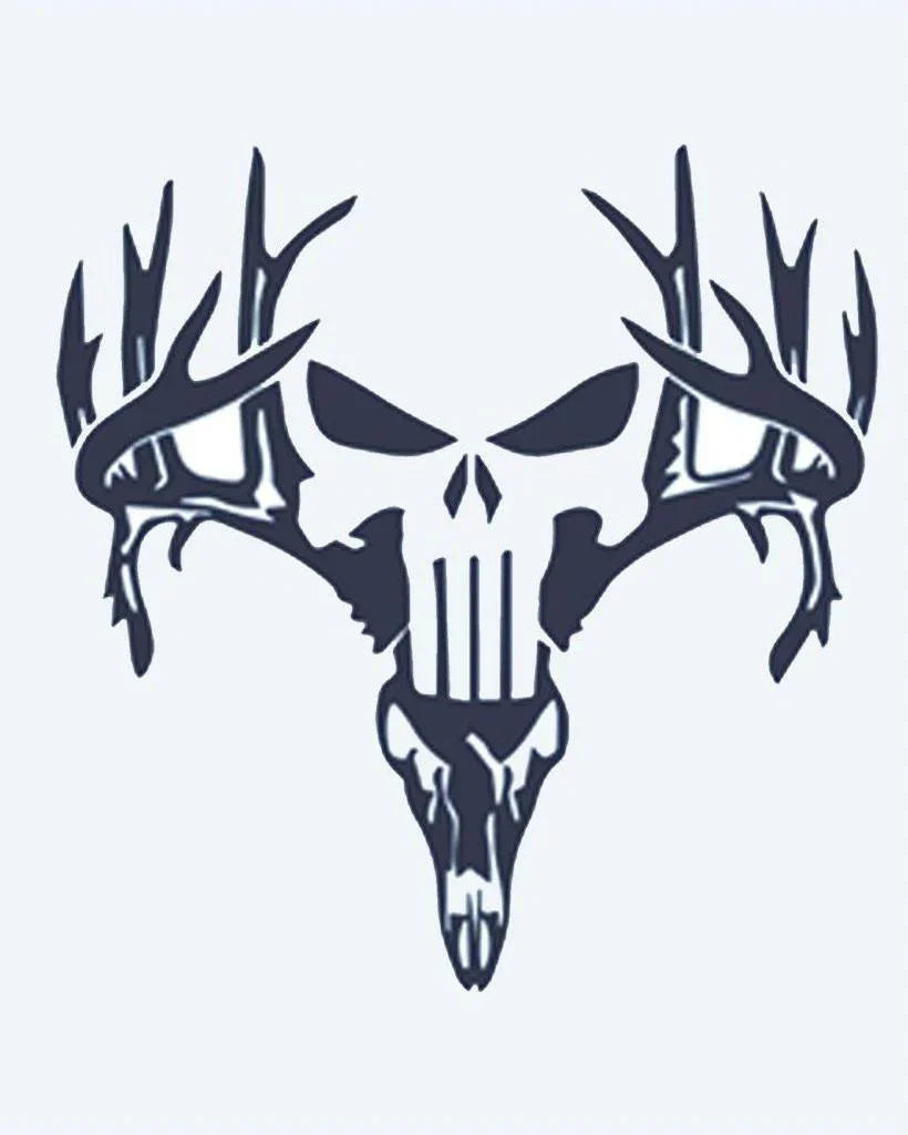 Design del tatuaggio semi-permanente Deer Skull with Antlers di INKON – illustrazione di minaccioso teschio fuso con teschio di cervo, 2 x 2 in (5x5cm), disponibile su inkon.co
