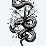 Design del tatuaggio semi-permanente Serpente e Orologio in Frantumi di INKON – illustrazione serpente, attorcigliato, rompe, romani, numeri, 4 x 7 in (10x17cm), disponibile su inkon.co