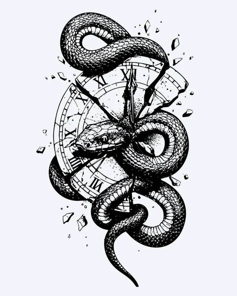 Design del tatuaggio semi-permanente Serpente e Orologio in Frantumi di INKON – illustrazione serpente, attorcigliato, rompe, romani, numeri, 4 x 7 in (10x17cm), disponibile su inkon.co