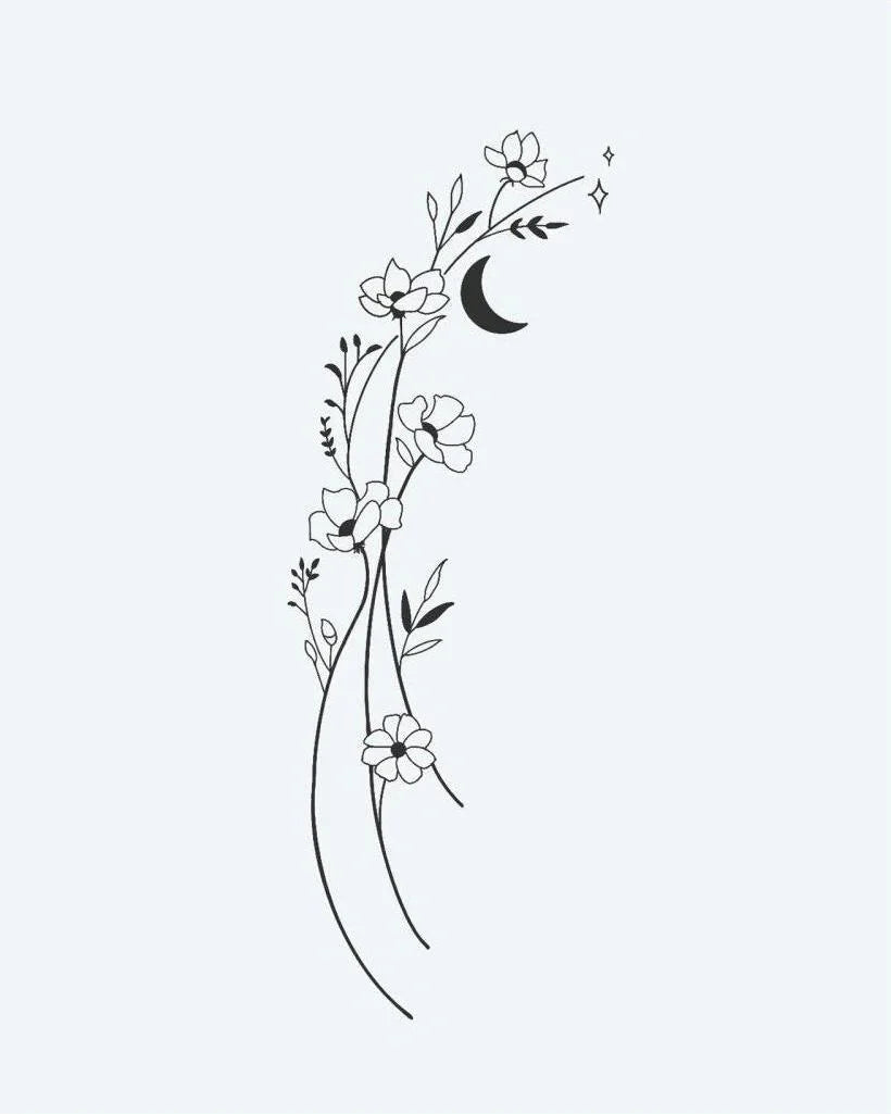 Design del tatuaggio semi-permanente Floral Moon Vine di INKON – illustrazione delicato, linea, sottile, fluente, viticcio, 3 x 4 in (6x11cm), disponibile su inkon.co
