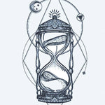 Design del tatuaggio semi-permanente Clessidra Cosmica di INKON – illustrazione ornata, clessidra, incorniciata, geometriche, forme, 4 x 7 in (10x17cm), disponibile su inkon.co