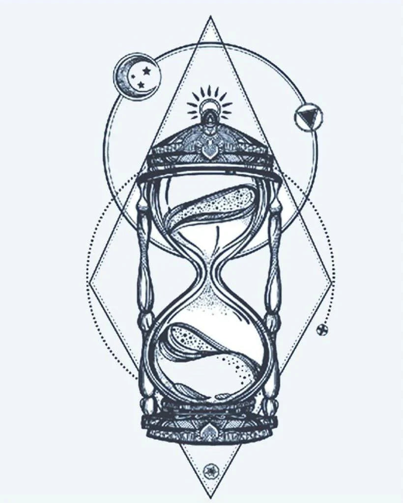 Design del tatuaggio semi-permanente Clessidra Cosmica di INKON – illustrazione ornata, clessidra, incorniciata, geometriche, forme, 4 x 7 in (10x17cm), disponibile su inkon.co