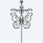Design del tatuaggio semi-permanente Moth & Ornate Dagger di INKON – illustrazione in blackwork di pugnale ornato che trafigge una falena, 4 x 8 in (11x21cm), disponibile su inkon.co