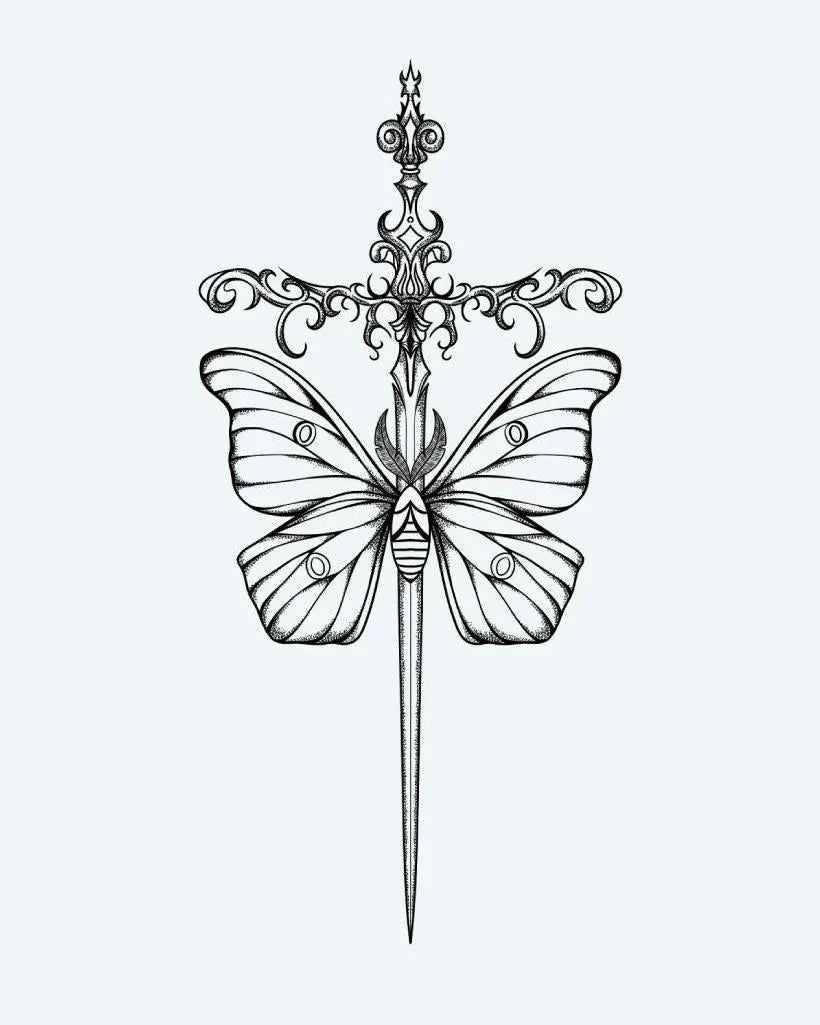 Design del tatuaggio semi-permanente Moth & Ornate Dagger di INKON – illustrazione in blackwork di pugnale ornato che trafigge una falena, 4 x 8 in (11x21cm), disponibile su inkon.co