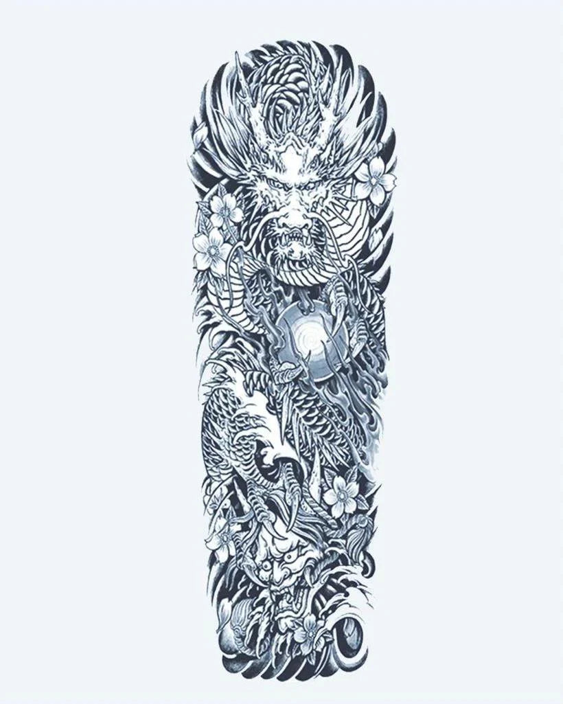 Design del tatuaggio semi-permanente Japanese Dragon & Pearl di INKON – illustrazione giapponese, manica, intera, ruggente, drago, 8 x 20 in (20x50cm), disponibile su inkon.co