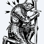 Design del tatuaggio semi-permanente Cavaliere Caduto di INKON – illustrazione inginocchiato, medievale, cavaliere, piena, armatura, 4 x 7 in (10x17cm), disponibile su inkon.co