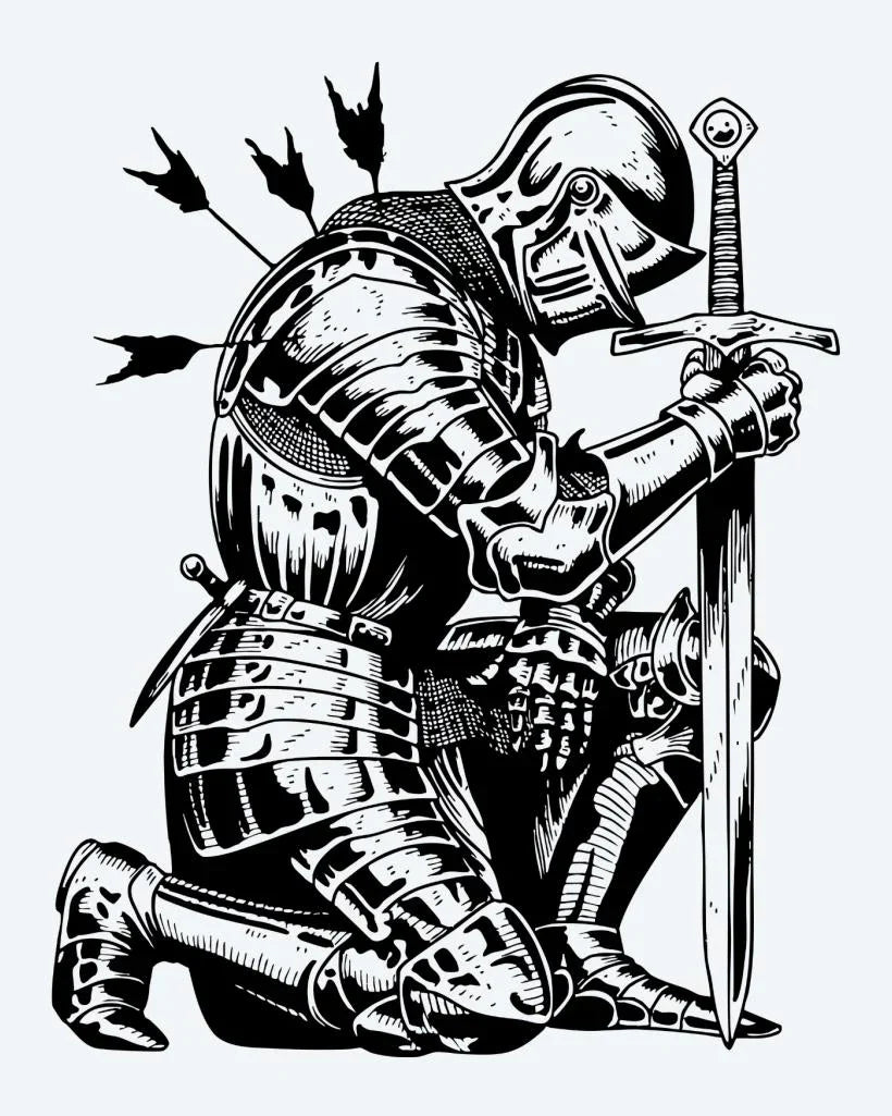 Design del tatuaggio semi-permanente Cavaliere Caduto di INKON – illustrazione inginocchiato, medievale, cavaliere, piena, armatura, 4 x 7 in (10x17cm), disponibile su inkon.co