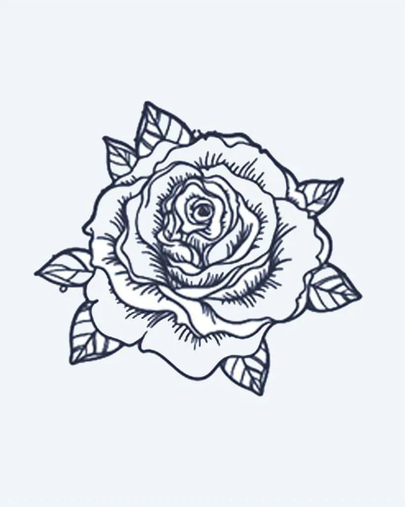 Design del tatuaggio semi-permanente Blooming Rose di INKON – illustrazione aperta, fiore, rosa, strati, petali, 2 x 2 in (5x5cm), disponibile su inkon.co