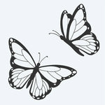 Design del tatuaggio semi-permanente Butterfly Pair di INKON – illustrazione di due farfalle monarca in volo, 2 x 2 in (5x5cm), disponibile su inkon.co
