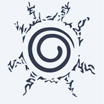 Design del tatuaggio semi-permanente Spiral Seal di INKON – illustrazione spirale, circondata, frastagliati, fiamme, raggi, 2 x 2 in (5x5cm), disponibile su inkon.co