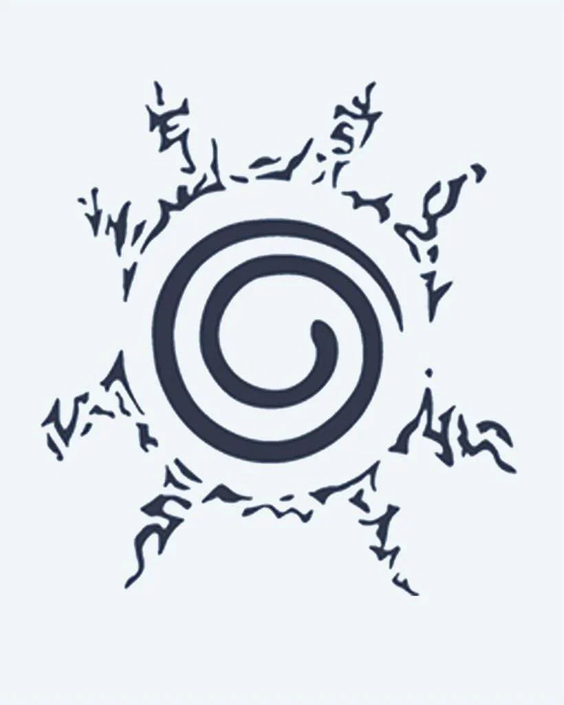 Design del tatuaggio semi-permanente Spiral Seal di INKON – illustrazione spirale, circondata, frastagliati, fiamme, raggi, 2 x 2 in (5x5cm), disponibile su inkon.co