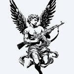 Design del tatuaggio semi-permanente Cherubino Armato di INKON – illustrazione alato, cherubino, angelo, impugna, fucile, 4 x 7 in (10x17cm), disponibile su inkon.co