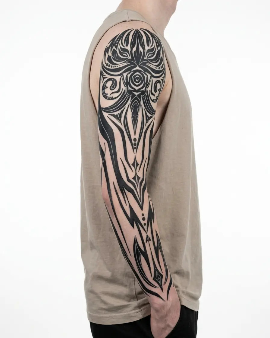 Tatuaggio semi-permanente INKON Tribal Owl Totem applicato su un uomo – design 8 x 20 in (20x50cm), aspetto realistico dell'inchiostro, dura 10 giorni