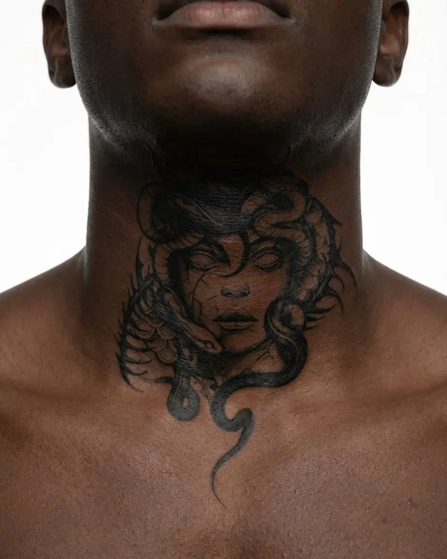Tatuaggio semi-permanente INKON Medusa applicato su un uomo – design 4 x 7 in (10x17cm), aspetto realistico dell'inchiostro, dura 10 giorni