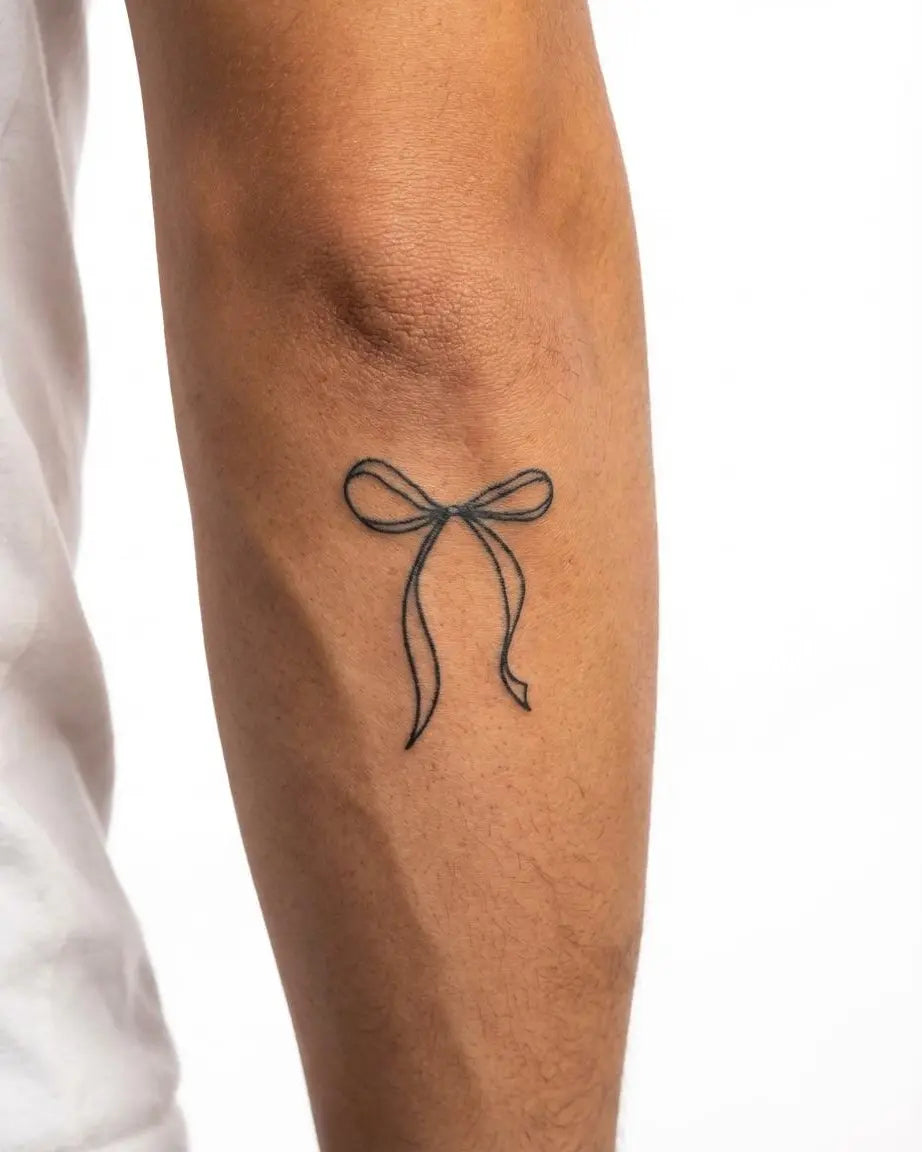 Tatuaggio semi-permanente INKON Ribbon Bow applicato su un uomo – design 2 x 2 in (5x5cm), aspetto realistico dell'inchiostro, dura 10 giorni