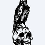 Design del tatuaggio semi-permanente Corvo sul Teschio di INKON – illustrazione dark, corvo, appollaiato, sopra, umano, 4 x 7 in (10x17cm), disponibile su inkon.co