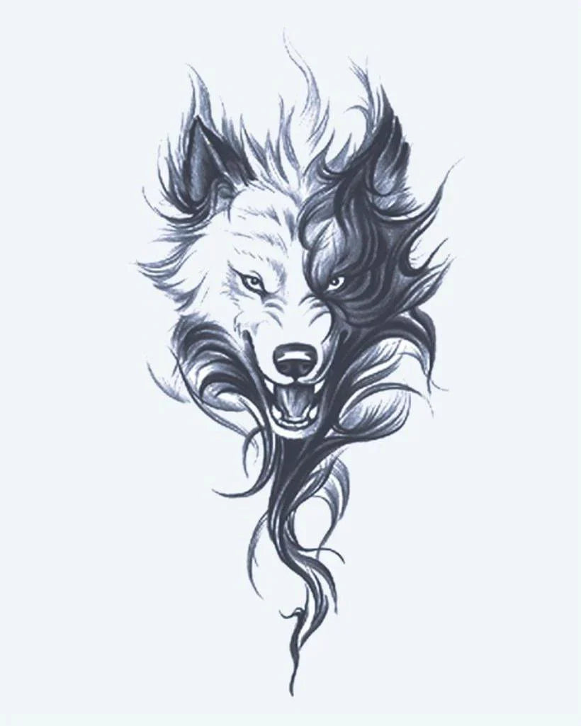Design del tatuaggio semi-permanente Lupo Feroce di INKON – illustrazione ringhiante, lupo, testa, selvaggio, fluente, 4 x 7 in (10x17cm), disponibile su inkon.co