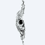 Design del tatuaggio semi-permanente Smoke Skull di INKON – illustrazione di inquietante teschio urlante che si dissolve in fumo, 8 x 20 in (20x50cm), disponibile su inkon.co