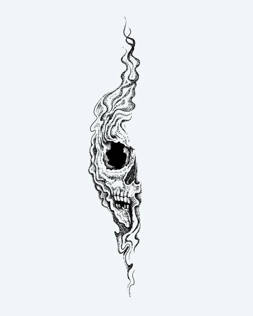 Design del tatuaggio semi-permanente Smoke Skull di INKON – illustrazione di inquietante teschio urlante che si dissolve in fumo, 8 x 20 in (20x50cm), disponibile su inkon.co