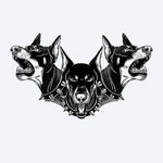 Design del tatuaggio semi-permanente Cerberus Triple Doberman di INKON – illustrazione di tre teste di Doberman ringhianti, 4 x 4 in (9x9cm), disponibile su inkon.co