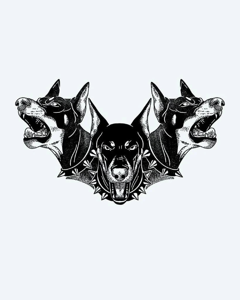 Design del tatuaggio semi-permanente Cerberus Triple Doberman di INKON – illustrazione di tre teste di Doberman ringhianti, 4 x 4 in (9x9cm), disponibile su inkon.co