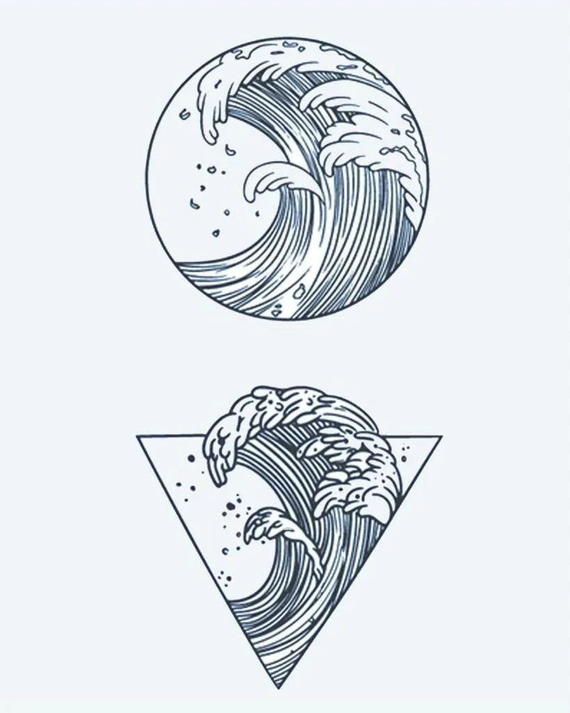 Design del tatuaggio semi-permanente Onde dell'Oceano di INKON – illustrazione giapponese, oceano, onde, racchiuse, cerchio, 4 x 7 in (10x17cm), disponibile su inkon.co