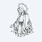 Design del tatuaggio semi-permanente Holy Mother di INKON – illustrazione in blackwork della Vergine Maria che emerge da nuvole, 4 x 7 in (10x17cm), disponibile su inkon.co