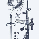 Design del tatuaggio semi-permanente Flash Sheet Armi e Centopiedi di INKON – illustrazione flash, sheet, centopiedi, pugnale, fucile, 4 x 7 in (10x17cm), disponibile su inkon.co