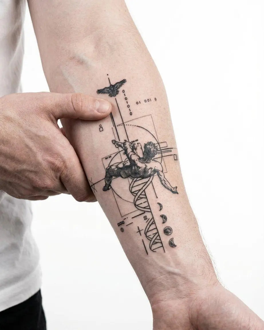 Tatuaggio semi-permanente INKON Cherub & Sacred Geometry applicato su un uomo – design 4 x 8 in (11x21cm), aspetto realistico dell'inchiostro, dura 10 giorni