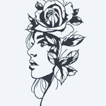 Design del tatuaggio semi-permanente Ritratto di Donna e Rosa di INKON – illustrazione silhouette, donna, profilo, grande, rosa, 4 x 7 in (10x17cm), disponibile su inkon.co