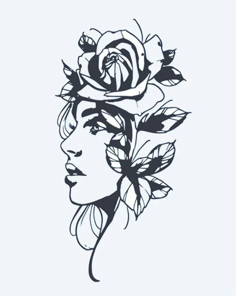 Design del tatuaggio semi-permanente Ritratto di Donna e Rosa di INKON – illustrazione silhouette, donna, profilo, grande, rosa, 4 x 7 in (10x17cm), disponibile su inkon.co