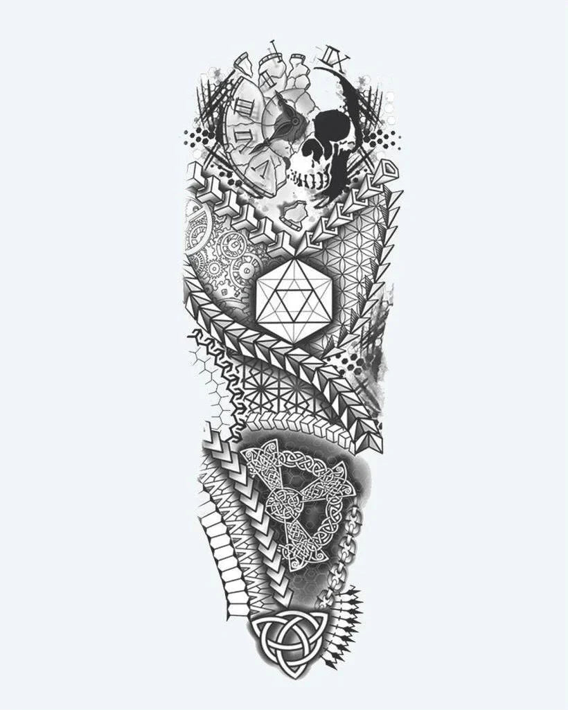 Design del tatuaggio semi-permanente Geometric Skull & Sacred Geometry di INKON – illustrazione manica, intera, combina, teschio, sacra, 8 x 20 in (20x50cm), disponibile su inkon.co