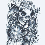 Design del tatuaggio semi-permanente Teschio, Orologio e Carte di INKON – illustrazione teschio, gioco, carte, taschino, orologio, 4 x 7 in (10x17cm), disponibile su inkon.co