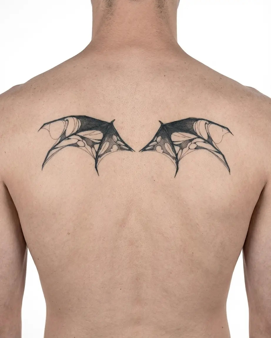 Tatuaggio semi-permanente INKON Tattered Demon Wings applicato su un uomo – design 4 x 8 in (11x21cm), aspetto realistico dell'inchiostro, dura 10 giorni