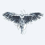 Design del tatuaggio semi-permanente Ali d'Angelo Oscuro di INKON – illustrazione muscolosa, alata, figura, braccia, tese, 4 x 7 in (10x17cm), disponibile su inkon.co