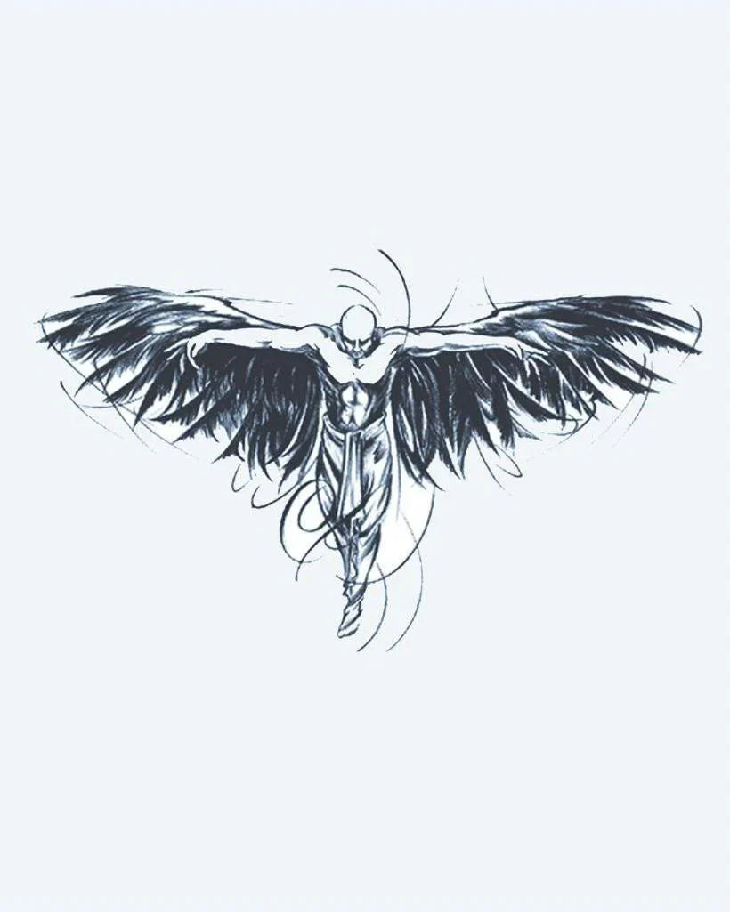 Design del tatuaggio semi-permanente Ali d'Angelo Oscuro di INKON – illustrazione muscolosa, alata, figura, braccia, tese, 4 x 7 in (10x17cm), disponibile su inkon.co