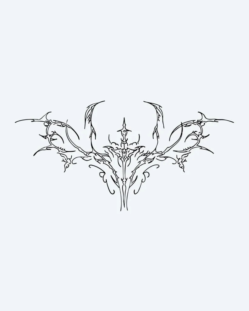 Design del tatuaggio semi-permanente Ornamental Skull Moth di INKON – illustrazione delicato, linea, sottile, simmetrico, teschio, 4 x 8 in (11x21cm), disponibile su inkon.co