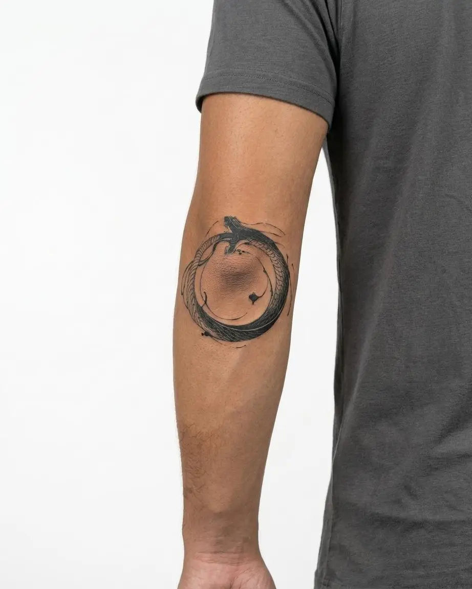 Tatuaggio semi-permanente INKON Serpente Ouroboros applicato su un uomo – design 4 x 4 in (9x9cm), aspetto realistico dell'inchiostro, dura 10 giorni