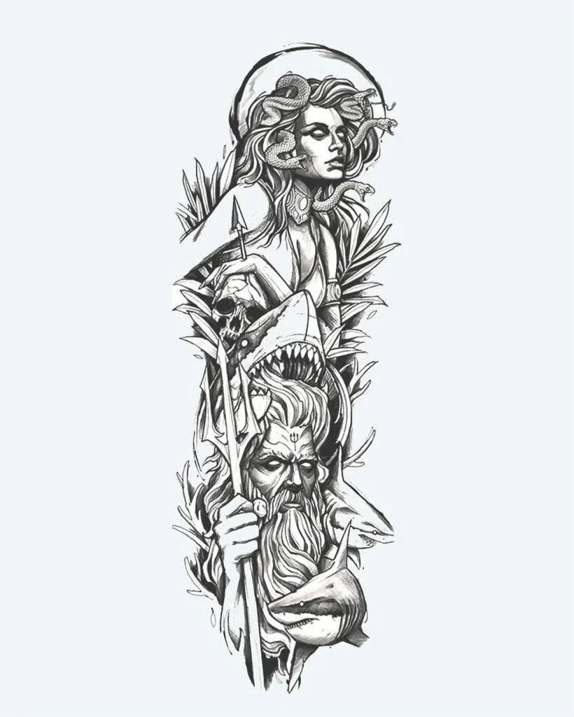 Design del tatuaggio semi-permanente Medusa & Poseidon di INKON – illustrazione mitologico, manica, intera, medusa, serpente, 8 x 20 in (20x50cm), disponibile su inkon.co