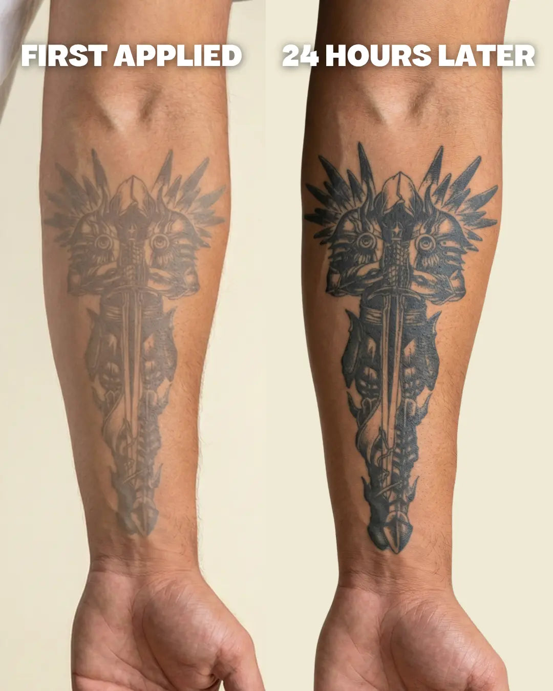 Tatuaggio semi-permanente INKON prima e dopo – a sinistra l'aspetto chiaro subito dopo l'applicazione, a destra il risultato finale scuro e realistico in stile dotwork 24 ore dopo grazie alla tecnologia di inchiostro naturale InstantInk™