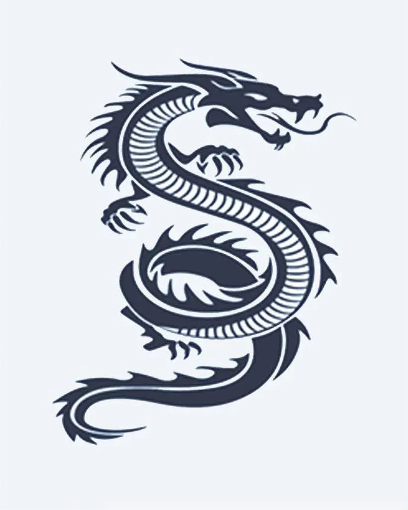 Design del tatuaggio semi-permanente Serpent Dragon di INKON – illustrazione di sinuoso drago a forma di S con scaglie e artigli, 2 x 2 in (5x5cm), disponibile su inkon.co