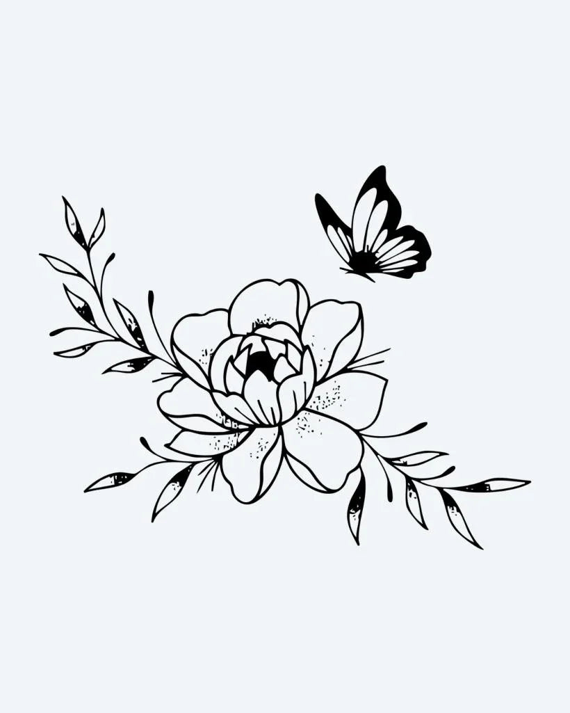 Design del tatuaggio semi-permanente Peony & Butterfly di INKON – illustrazione fiore, peonia, fiore, frondosi, rami, 3 x 4 in (6x11cm), disponibile su inkon.co