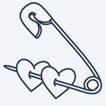 Design del tatuaggio semi-permanente Safety Pin & Hearts di INKON – illustrazione di spilla da balia che trafigge due cuori, 2 x 2 in (5x5cm), disponibile su inkon.co