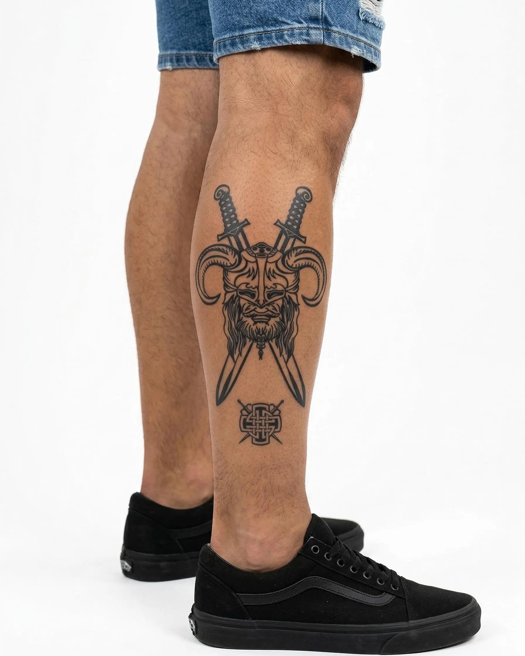 Tatuaggio semi-permanente INKON Guerriero Vichingo e Spade applicato su un uomo – design 4 x 7 in (10x17cm), aspetto realistico dell'inchiostro, dura 10 giorni