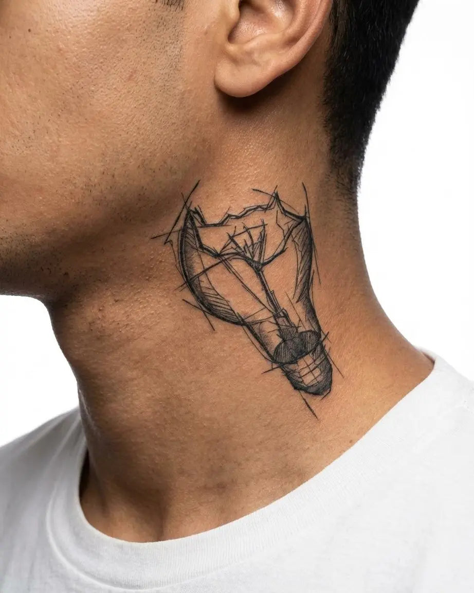 Tatuaggio semi-permanente INKON Broken Light Bulb applicato su un uomo – design 3 x 4 in (7x10cm), aspetto realistico dell'inchiostro, dura 10 giorni