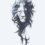 Design del tatuaggio semi-permanente Leone Maestoso di INKON – illustrazione regale, leone, ritratto, fluente, selvaggio, 4 x 7 in (10x17cm), disponibile su inkon.co