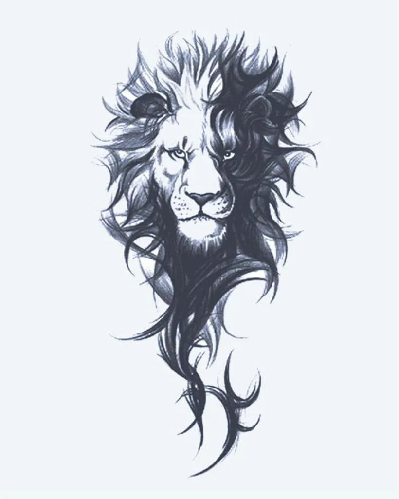 Design del tatuaggio semi-permanente Leone Maestoso di INKON – illustrazione regale, leone, ritratto, fluente, selvaggio, 4 x 7 in (10x17cm), disponibile su inkon.co