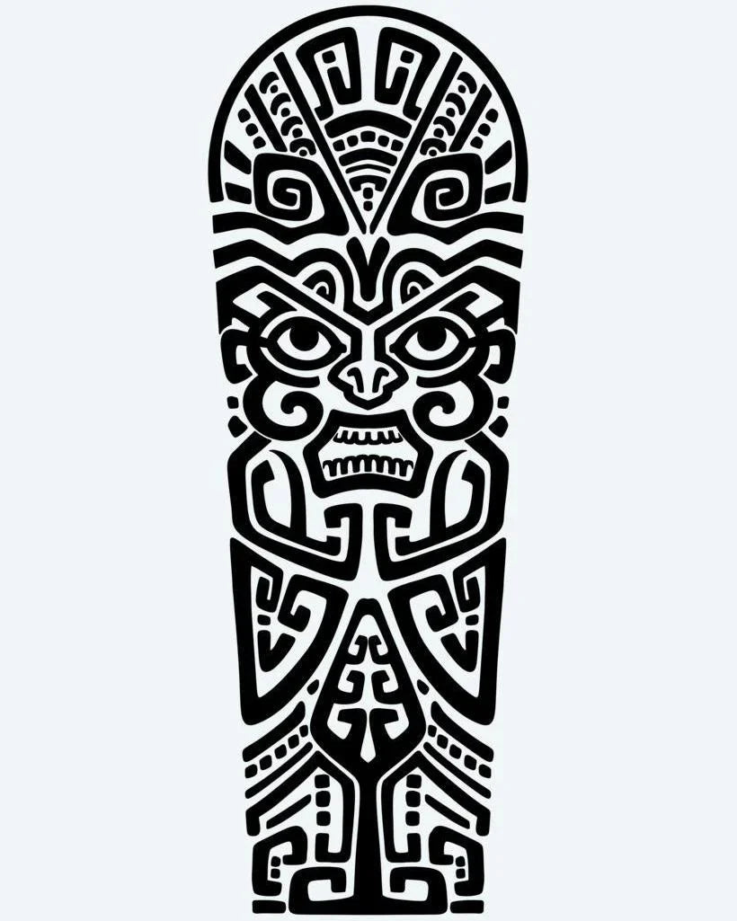 Design del tatuaggio semi-permanente Polynesian Tiki Face di INKON – illustrazione polinesiana con feroce faccia tiki, 8 x 20 in (20x50cm), disponibile su inkon.co