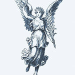 Design del tatuaggio semi-permanente Angelo della Vittoria di INKON – illustrazione classico, alato, angelo, tiene, alloro, 4 x 7 in (10x17cm), disponibile su inkon.co